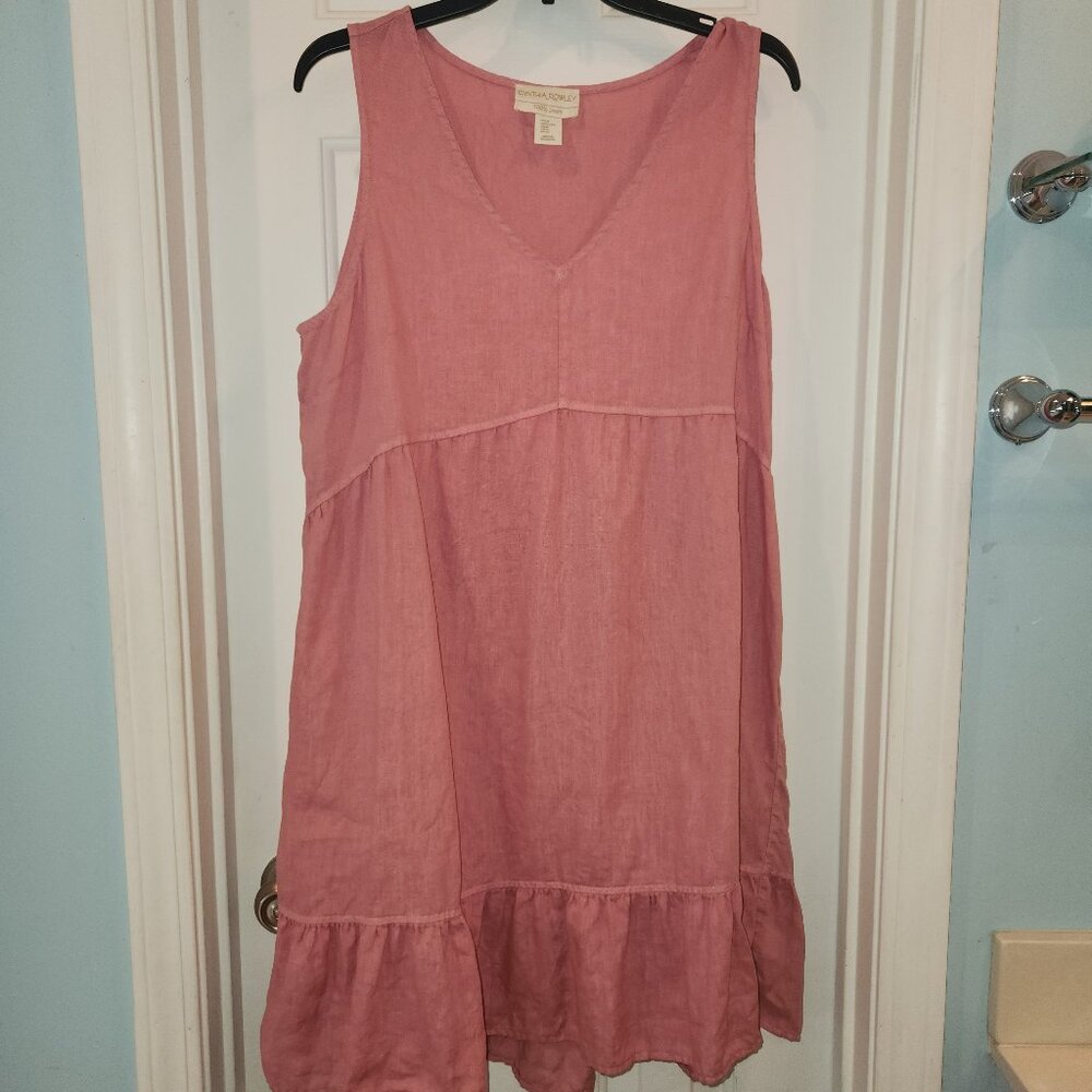 Cynthia Rowley Womens 100% Linen Drop Waist V Neck Ruffle Dress Pink XL